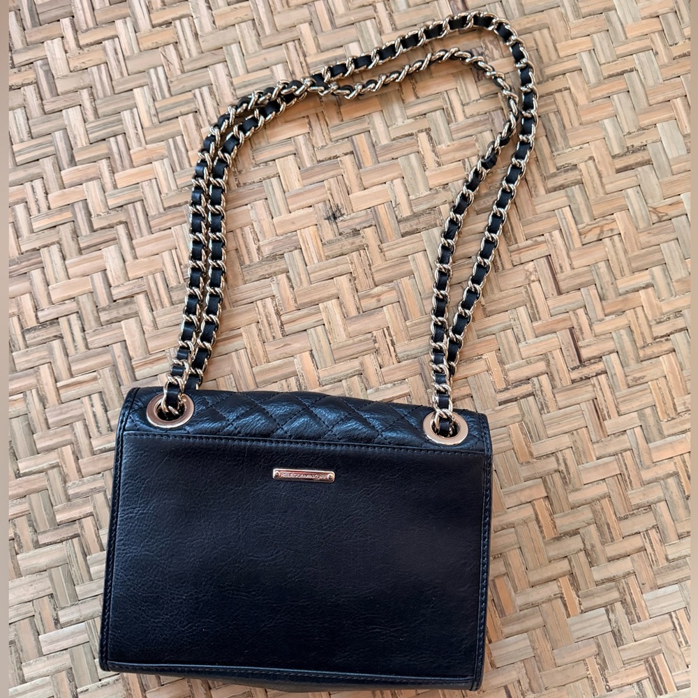 REBECCA MINKOFF BLACK LEATHER QUILTED PURSE 2 WAY SHOULDER CROSSBODY GOLD CHAIN - Picture 9 of 13